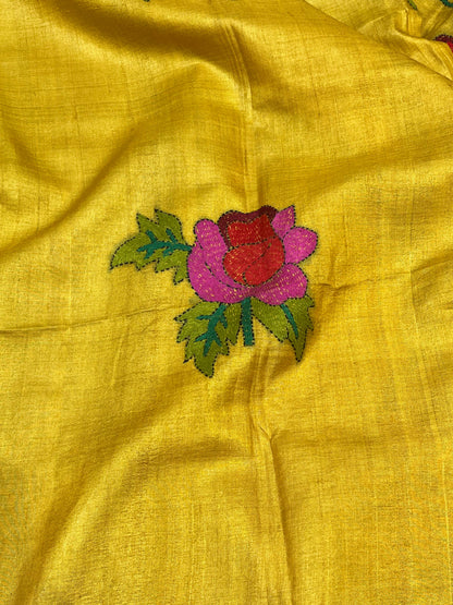 MUSTARD YELLOW TASSAR PURE HANDLOOM KANTHA EMBROIDERY SAREE