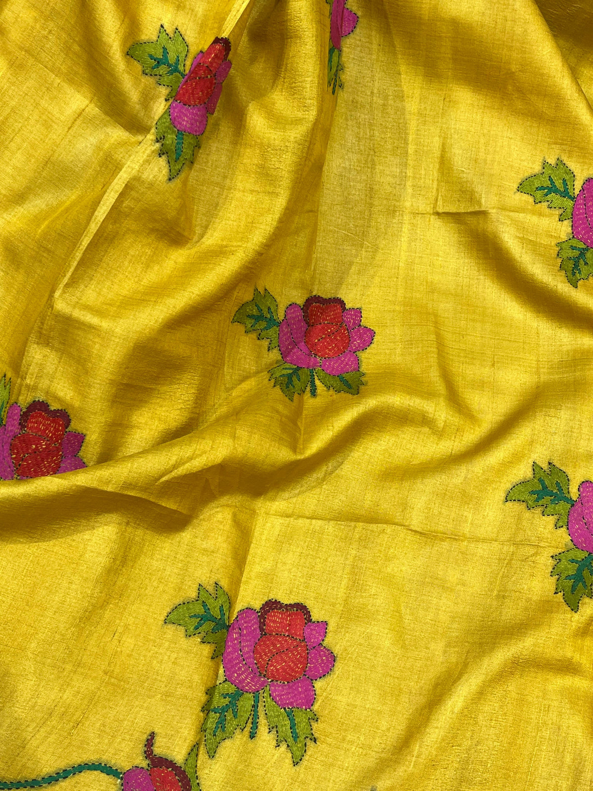 MUSTARD YELLOW TASSAR PURE HANDLOOM KANTHA EMBROIDERY SAREE