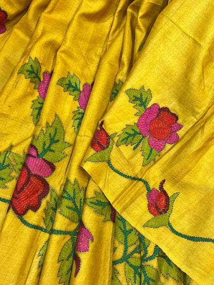 MUSTARD YELLOW TASSAR PURE HANDLOOM KANTHA EMBROIDERY SAREE