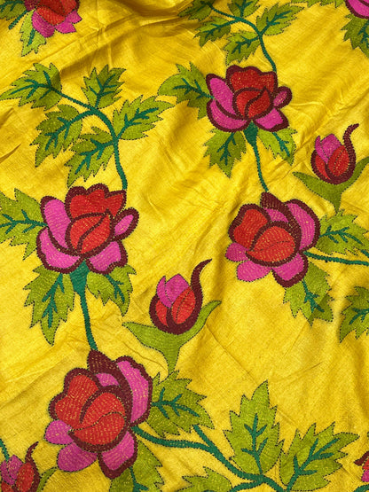 MUSTARD YELLOW TASSAR PURE HANDLOOM KANTHA EMBROIDERY SAREE