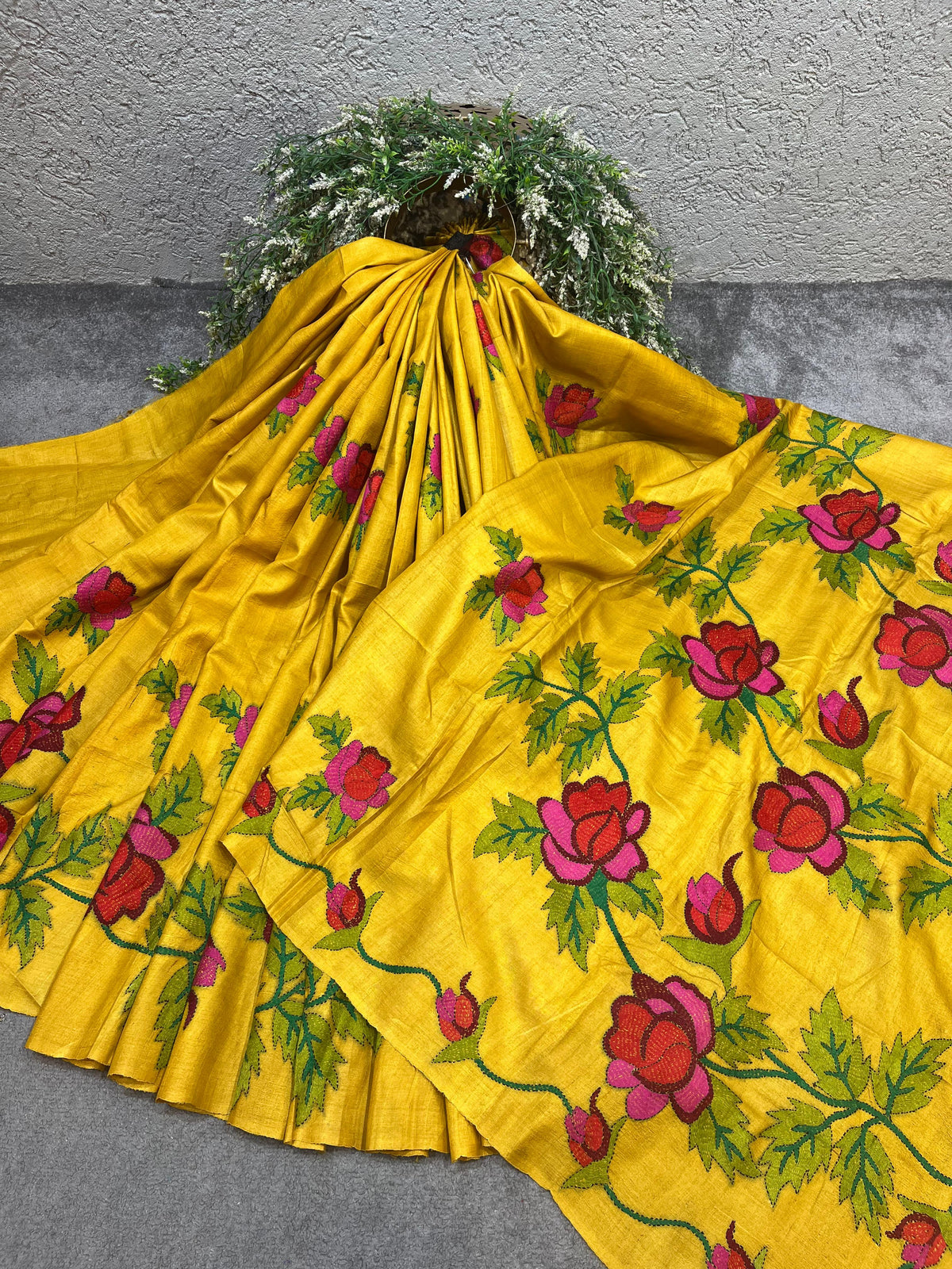 MUSTARD YELLOW TASSAR PURE HANDLOOM KANTHA EMBROIDERY SAREE
