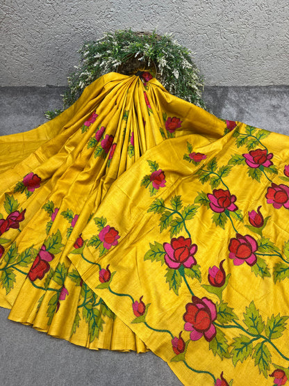 MUSTARD YELLOW TASSAR PURE HANDLOOM KANTHA EMBROIDERY SAREE