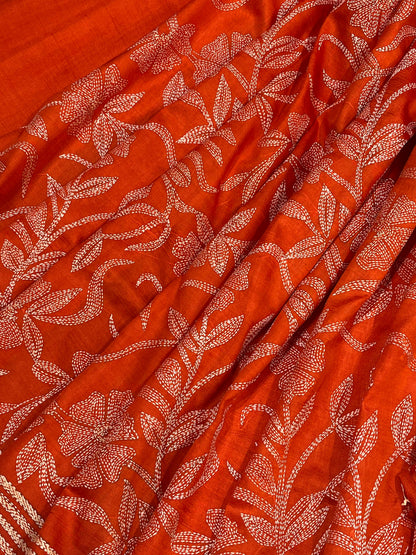 ORANGE TASSAR PURE HANDLOOM KANTHA EMBROIDERY SAREE