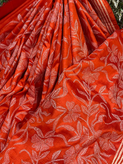 ORANGE TASSAR PURE HANDLOOM KANTHA EMBROIDERY SAREE