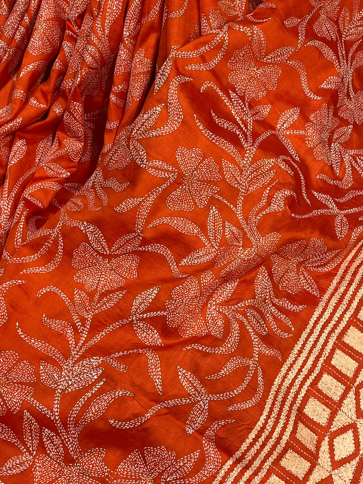ORANGE TASSAR PURE HANDLOOM KANTHA EMBROIDERY SAREE
