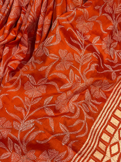 ORANGE TASSAR PURE HANDLOOM KANTHA EMBROIDERY SAREE