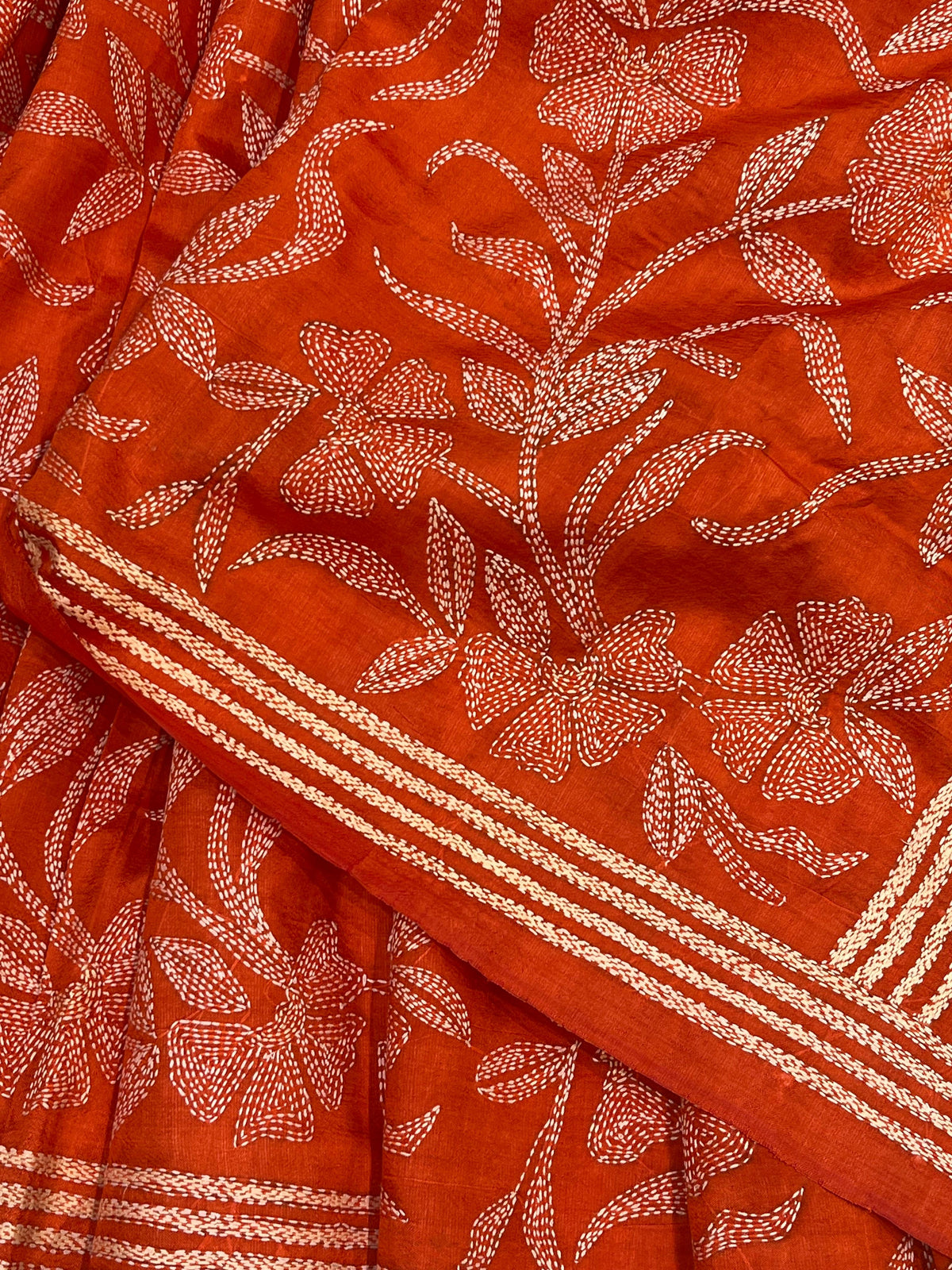 ORANGE TASSAR PURE HANDLOOM KANTHA EMBROIDERY SAREE