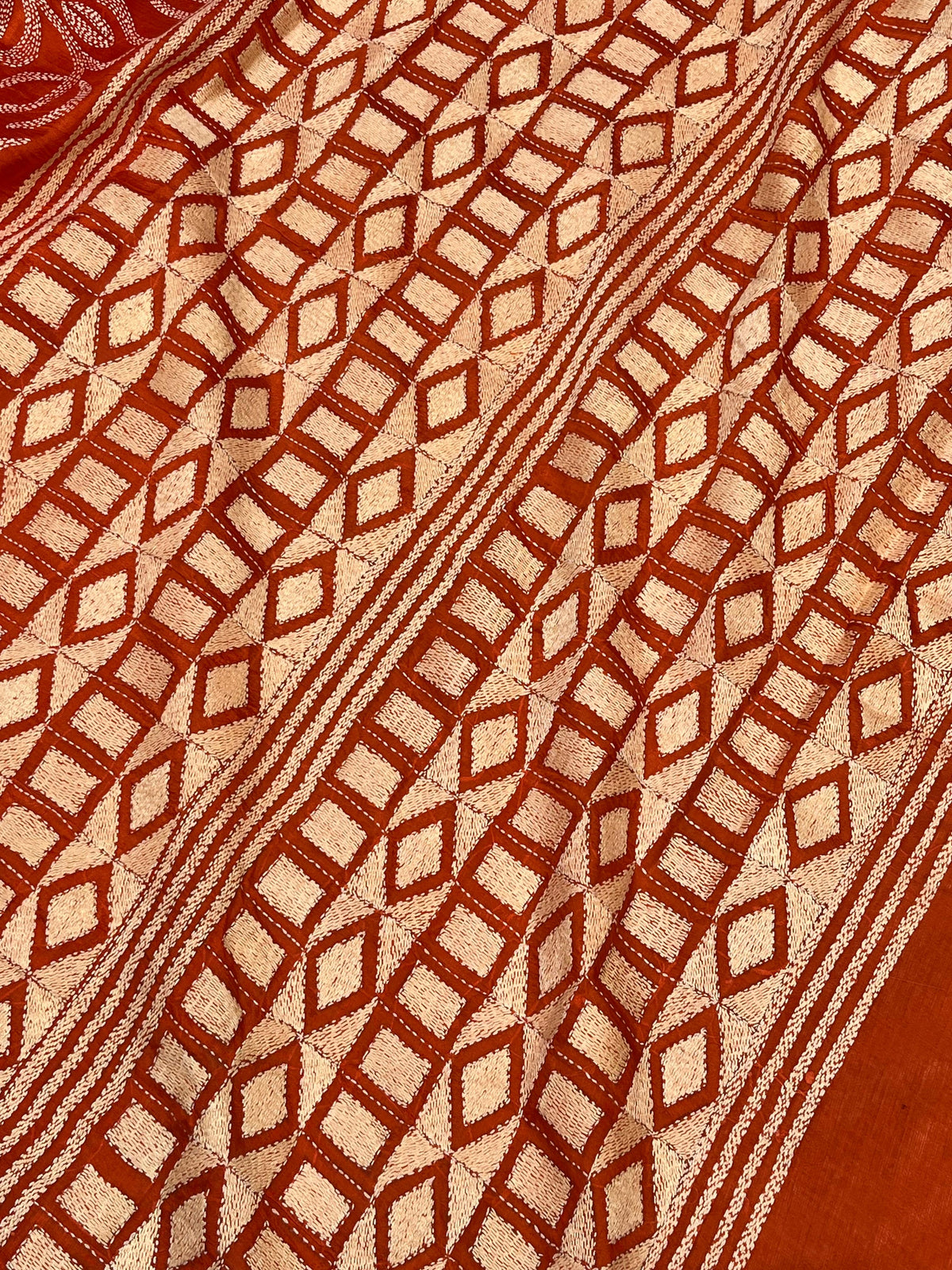 ORANGE TASSAR PURE HANDLOOM KANTHA EMBROIDERY SAREE