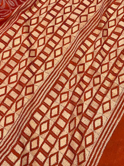 ORANGE TASSAR PURE HANDLOOM KANTHA EMBROIDERY SAREE