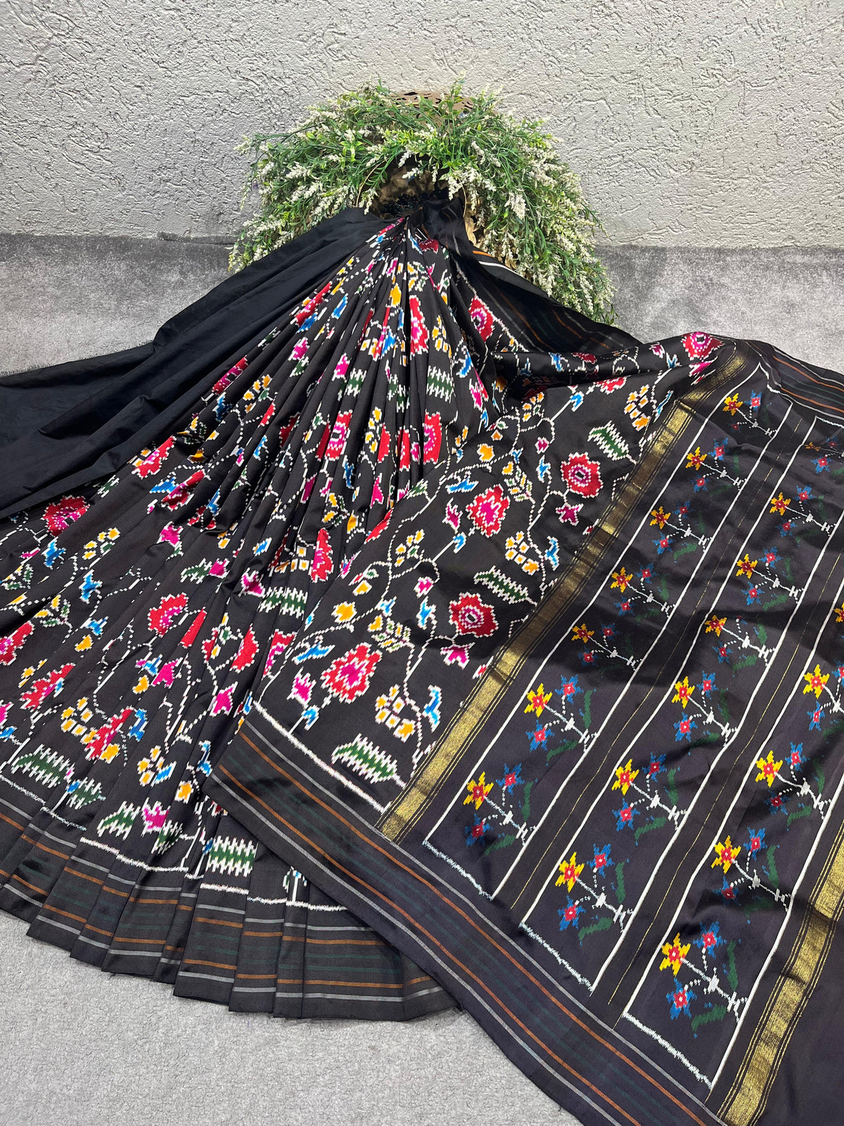 BLACK TWILL SILK PURE HANDLOOM IKKAT SAREE