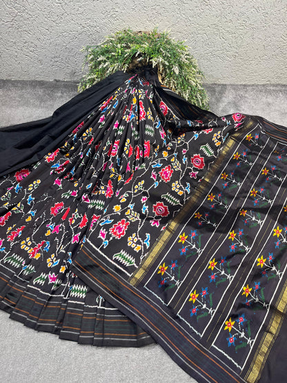 BLACK TWILL SILK PURE HANDLOOM IKKAT SAREE