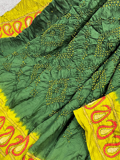FOREDT GREEN TASSAR PURE HANDLOOM KANTHA EMBROIDERY BANDHEJ SAREE