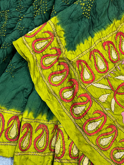 FOREDT GREEN TASSAR PURE HANDLOOM KANTHA EMBROIDERY BANDHEJ SAREE