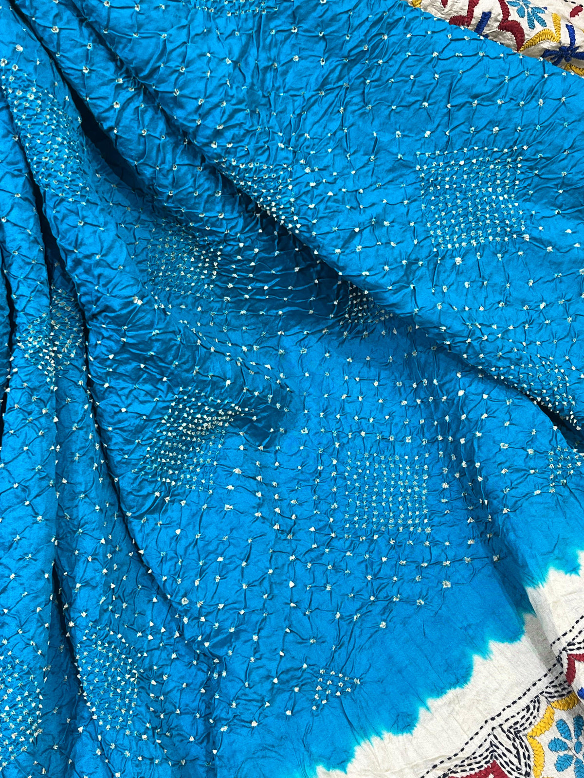 TUQUOISE BLUE TASSAR PURE HANDLOOM KANTHA EMBROIDERY BANDHEJ SAREE