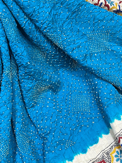 TUQUOISE BLUE TASSAR PURE HANDLOOM KANTHA EMBROIDERY BANDHEJ SAREE
