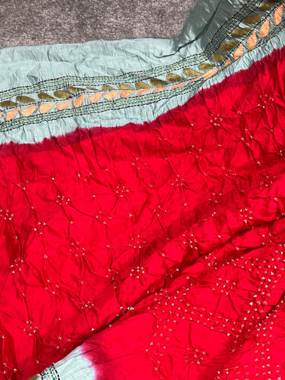 RED TASSAR PURE HANDLOOM KANTHA EMBROIDERU BANDHEJ SAREE