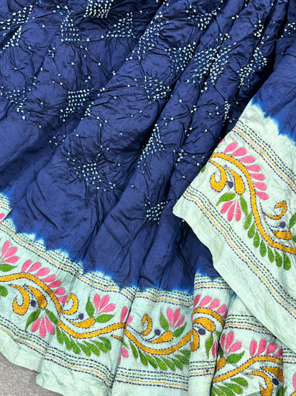 NAVY BLUE TASSAR PURE HANDLOOM KANTHA EMBROIDERY BANDHEJ SAREE