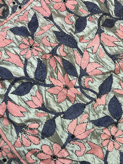 RED BANDHEJ TASSAR PURE HANDLOOM KANTHA EMBROIDERY BANDHEJ SAREE