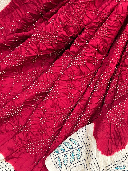 MAROON TASSAR PURE HANDLOOM KANTHA EMBROIDERY BANDHEJ SAREE