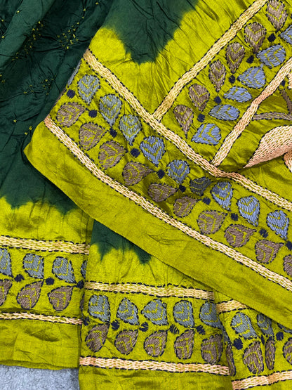 DEEP GREEN TASSAR PURE HANDLOOM KANTHA EMBROIDERY BANDHEJ SAREE