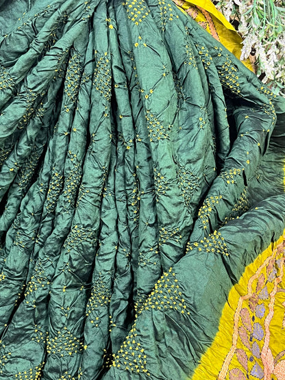 DEEP GREEN TASSAR PURE HANDLOOM KANTHA EMBROIDERY BANDHEJ SAREE