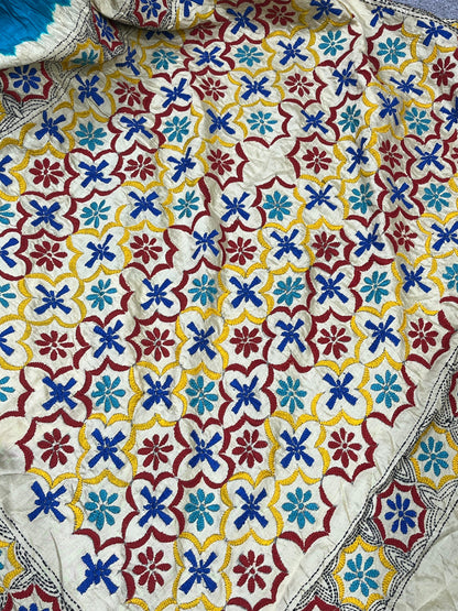 TUQUOISE BLUE TASSAR PURE HANDLOOM KANTHA EMBROIDERY BANDHEJ SAREE