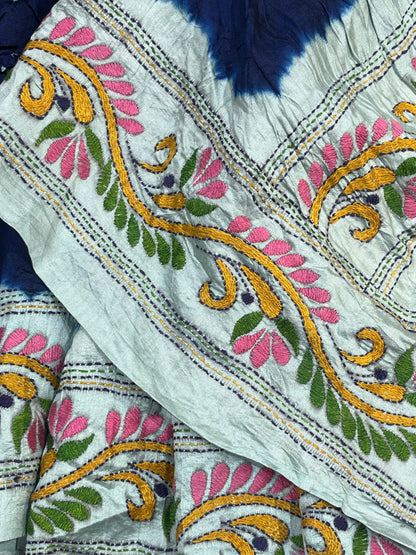 NAVY BLUE TASSAR PURE HANDLOOM KANTHA EMBROIDERY BANDHEJ SAREE