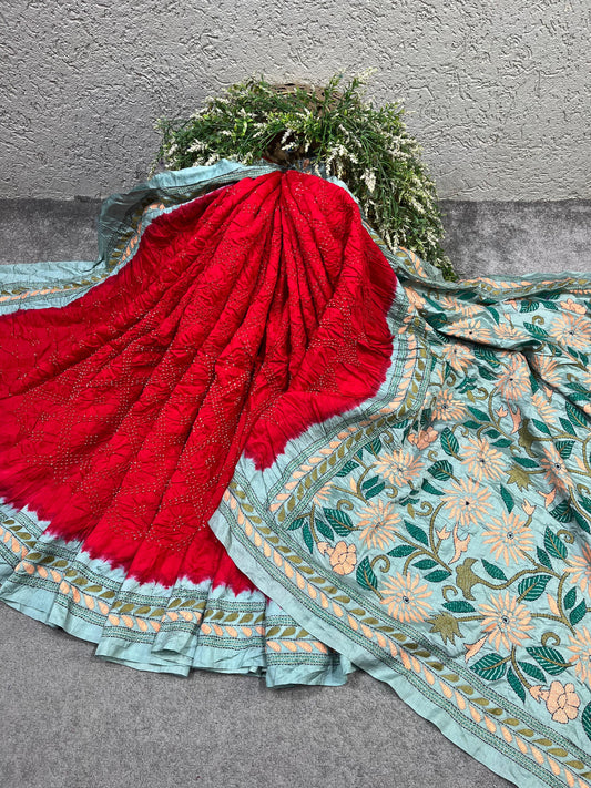 RED TASSAR PURE HANDLOOM KANTHA EMBROIDERU BANDHEJ SAREE