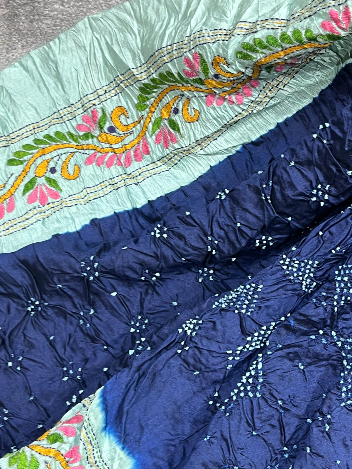 NAVY BLUE TASSAR PURE HANDLOOM KANTHA EMBROIDERY BANDHEJ SAREE
