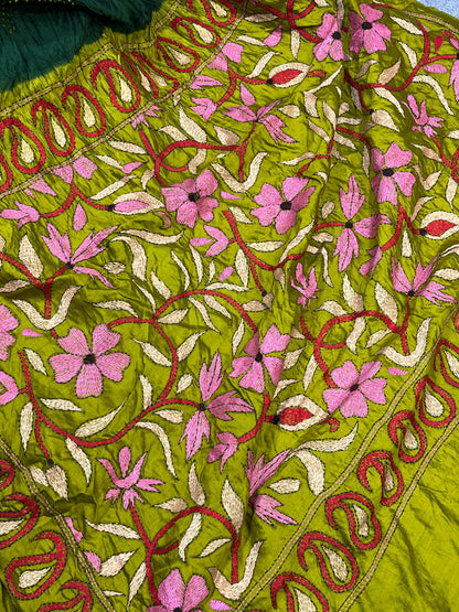FOREDT GREEN TASSAR PURE HANDLOOM KANTHA EMBROIDERY BANDHEJ SAREE