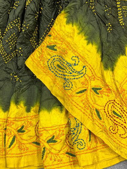 FOREDT GREEN TASSAR PURE HANDLOOM KANTHA EMBROIDERY BANDHEJ SAREE