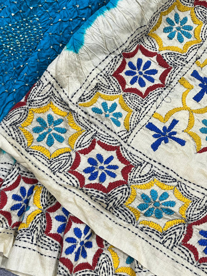 TUQUOISE BLUE TASSAR PURE HANDLOOM KANTHA EMBROIDERY BANDHEJ SAREE