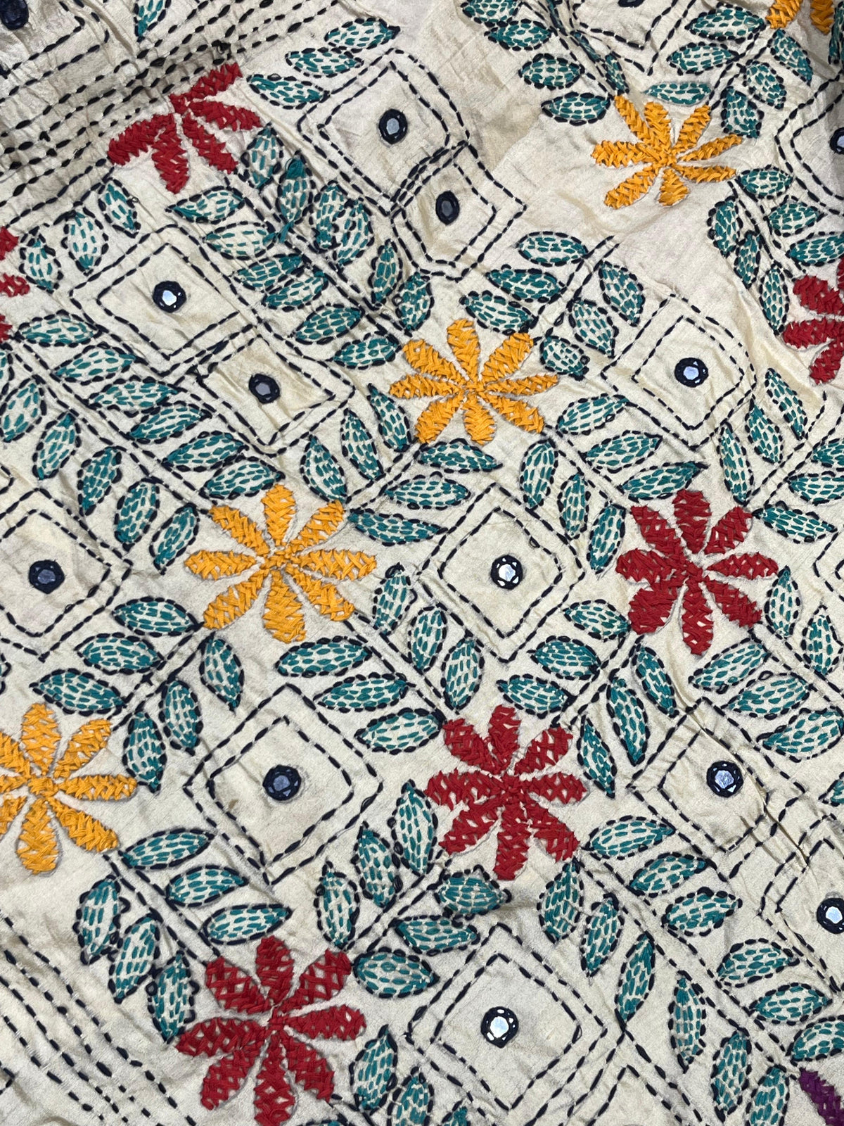 MAROON TASSAR PURE HANDLOOM KANTHA EMBROIDERY BANDHEJ SAREE