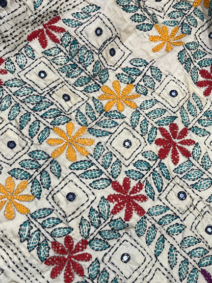 MAROON TASSAR PURE HANDLOOM KANTHA EMBROIDERY BANDHEJ SAREE