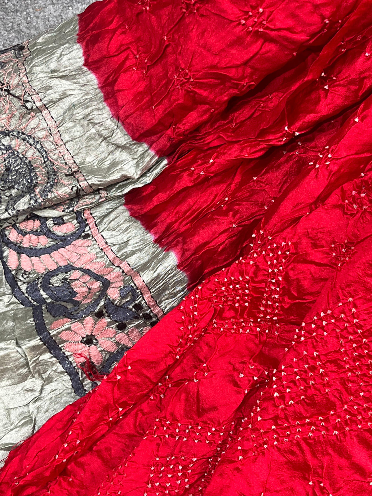 RED BANDHEJ TASSAR PURE HANDLOOM KANTHA EMBROIDERY BANDHEJ SAREE