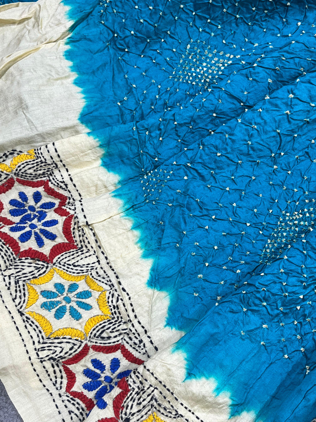 TUQUOISE BLUE TASSAR PURE HANDLOOM KANTHA EMBROIDERY BANDHEJ SAREE