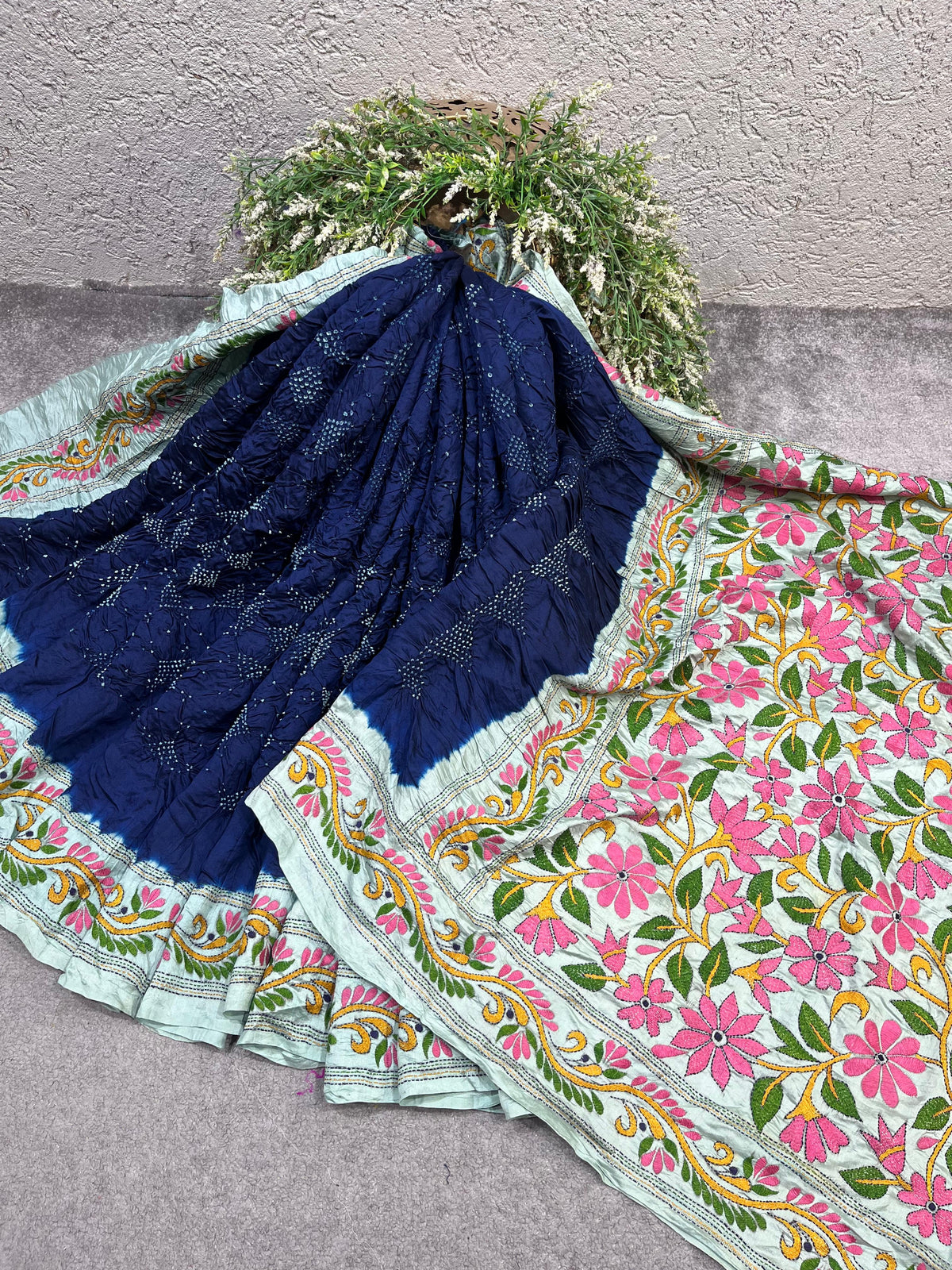 NAVY BLUE TASSAR PURE HANDLOOM KANTHA EMBROIDERY BANDHEJ SAREE
