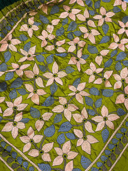 DEEP GREEN TASSAR PURE HANDLOOM KANTHA EMBROIDERY BANDHEJ SAREE