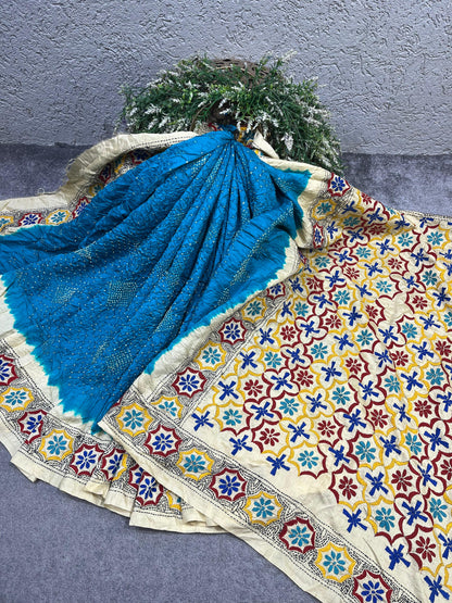 TUQUOISE BLUE TASSAR PURE HANDLOOM KANTHA EMBROIDERY BANDHEJ SAREE