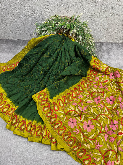 FOREDT GREEN TASSAR PURE HANDLOOM KANTHA EMBROIDERY BANDHEJ SAREE