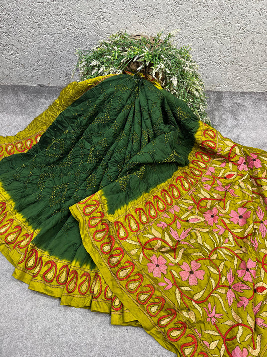 FOREDT GREEN TASSAR PURE HANDLOOM KANTHA EMBROIDERY BANDHEJ SAREE