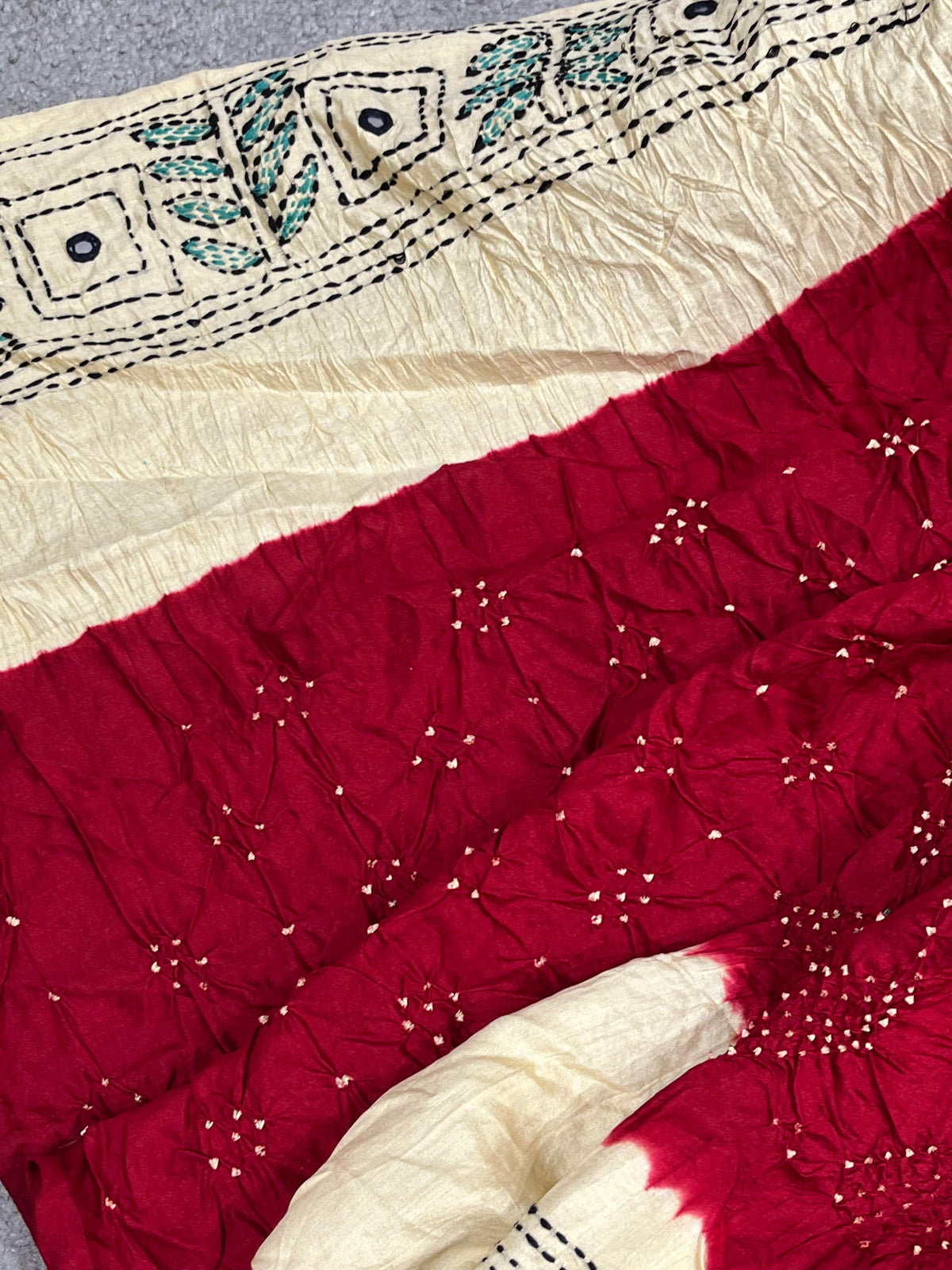 MAROON TASSAR PURE HANDLOOM KANTHA EMBROIDERY BANDHEJ SAREE