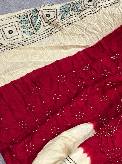 MAROON TASSAR PURE HANDLOOM KANTHA EMBROIDERY BANDHEJ SAREE