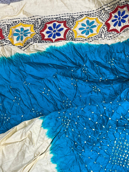 TUQUOISE BLUE TASSAR PURE HANDLOOM KANTHA EMBROIDERY BANDHEJ SAREE