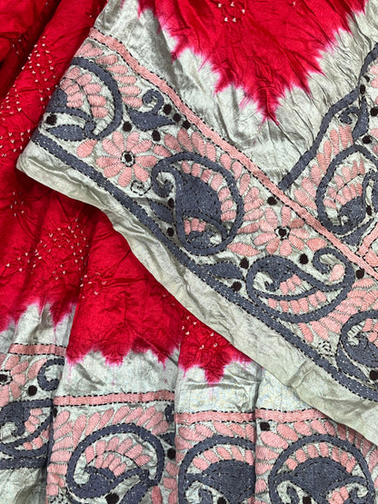 RED BANDHEJ TASSAR PURE HANDLOOM KANTHA EMBROIDERY BANDHEJ SAREE