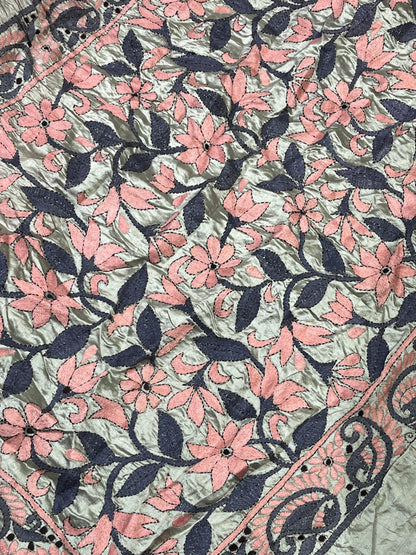 RED BANDHEJ TASSAR PURE HANDLOOM KANTHA EMBROIDERY BANDHEJ SAREE