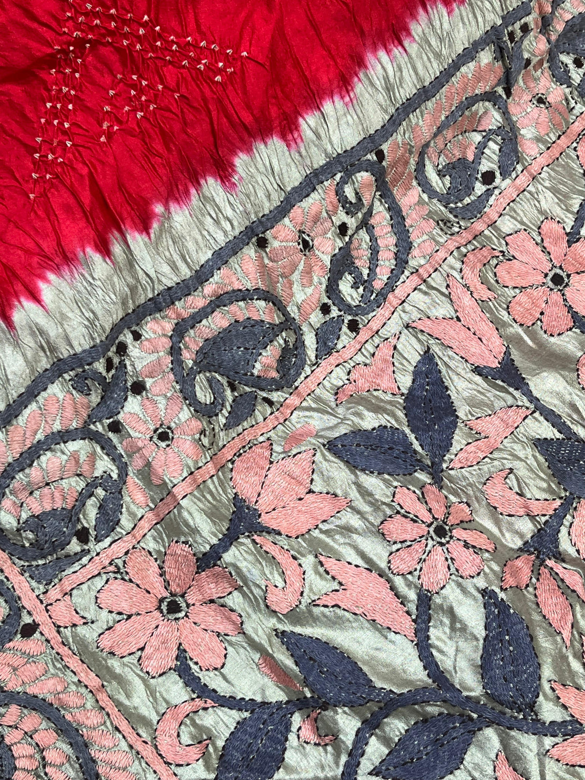 RED BANDHEJ TASSAR PURE HANDLOOM KANTHA EMBROIDERY BANDHEJ SAREE