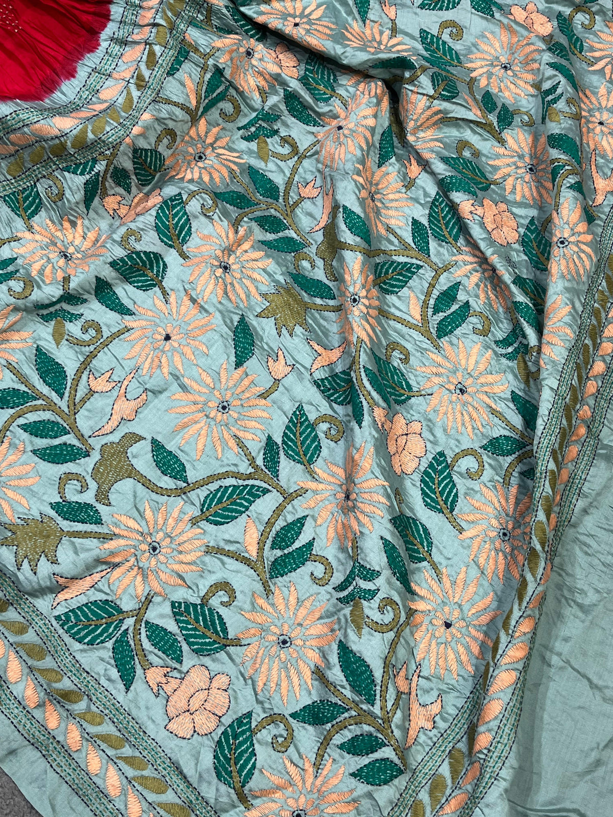 RED TASSAR PURE HANDLOOM KANTHA EMBROIDERU BANDHEJ SAREE