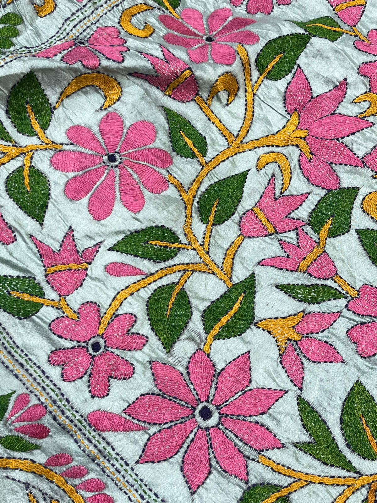 NAVY BLUE TASSAR PURE HANDLOOM KANTHA EMBROIDERY BANDHEJ SAREE