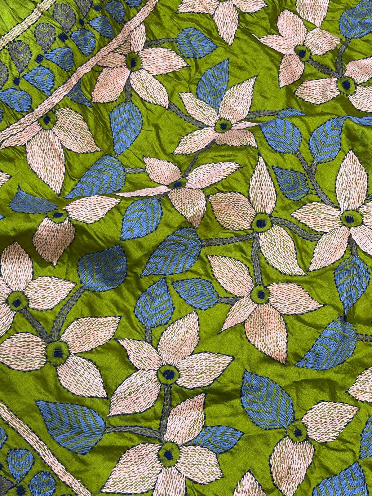 DEEP GREEN TASSAR PURE HANDLOOM KANTHA EMBROIDERY BANDHEJ SAREE